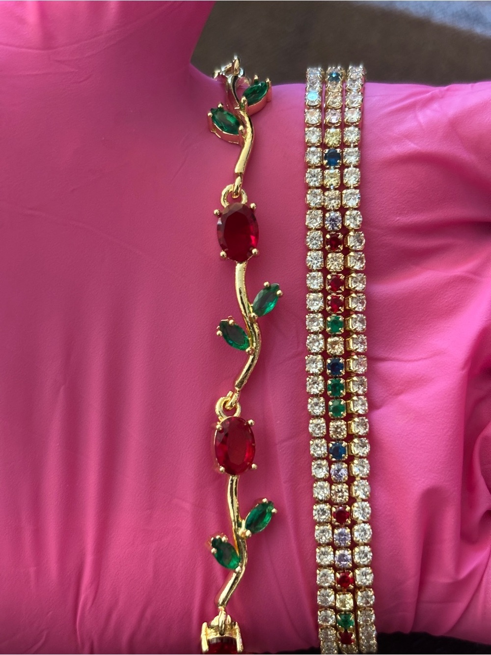 Pretty Bird Yellow Gold Rose & Triple Tennis CZ Bracelets